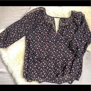 Boho Sheer 3/4 Sleeve Floral Blouse with Cutouts